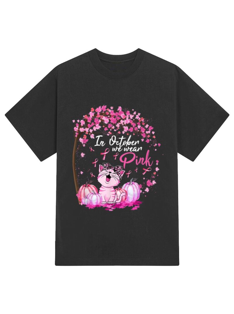 In October We Wear Pink Leopard Cat Breast Cancer Awareness T-Shirt - Image 2