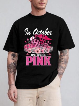 In October We Wear Pink Nurse Life Pumpkin Leopard Halloween T-Shirt