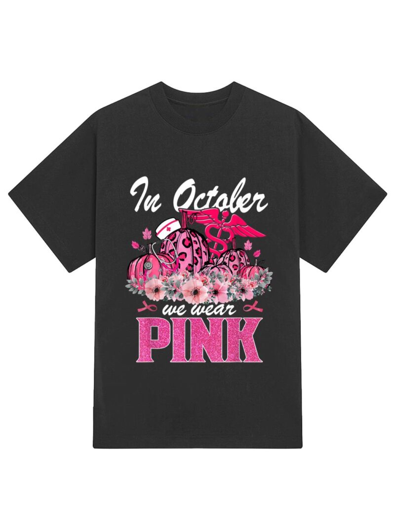 In October We Wear Pink Nurse Life Pumpkin Leopard Halloween T-Shirt - Image 2