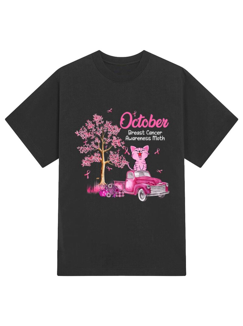 In October We Wear Pink Pumpkin Cat Breast Cancer Awareness_1 T-Shirt - Image 2