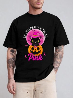 In October We Wear Pink Witch Cat Halloween Breast Cancer T-Shirt