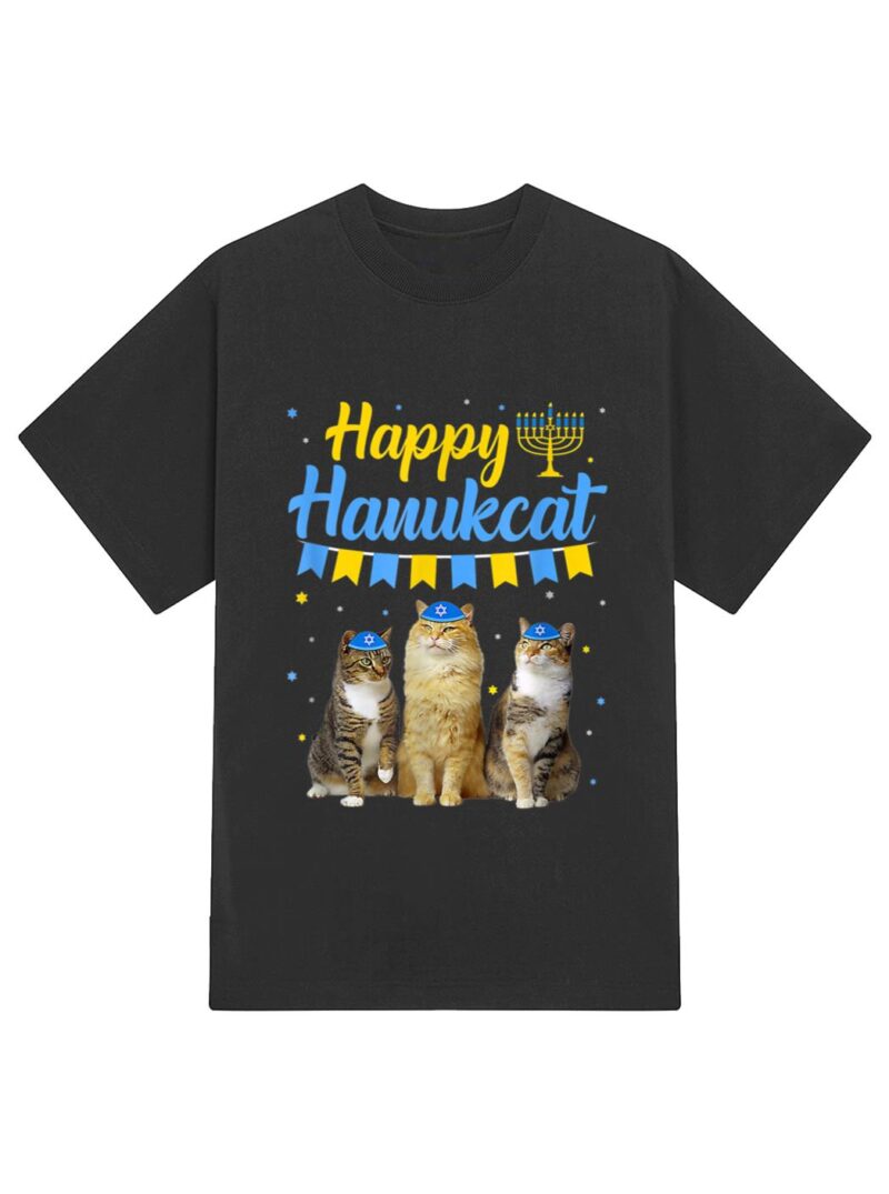 Jewish Hanukkah Cat Happy Hanukcat Christmas Sweater Cat T-Shirt - Image 2