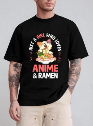 Just a Girl Who Loves Anime Cat and Ramen Girls Teens Women T-Shirt