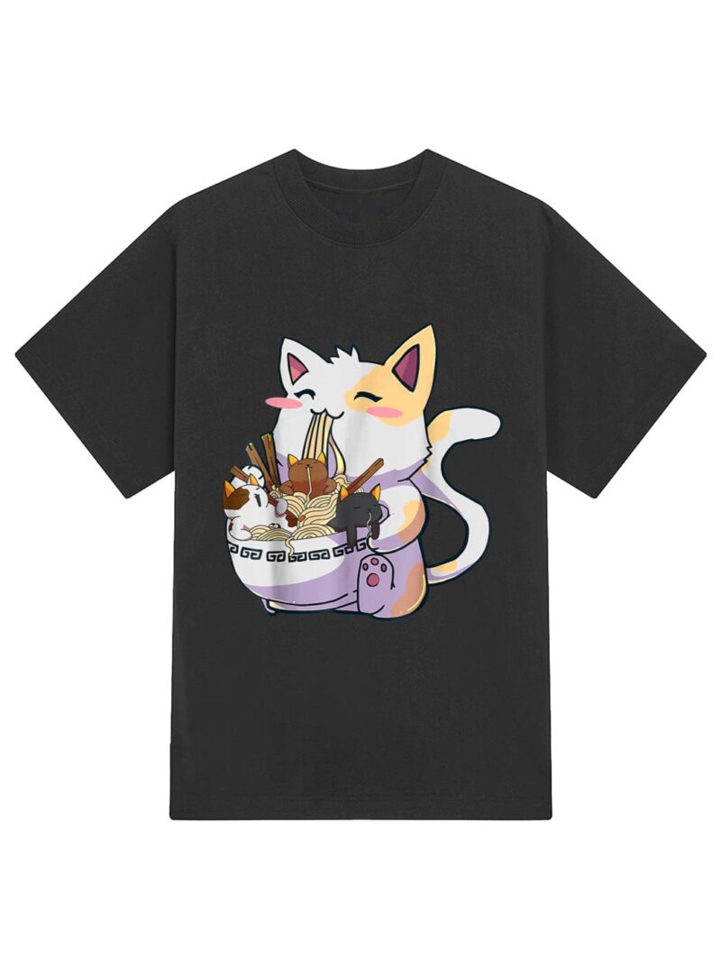 Kawaii Neko Cat Ramen Bowl Anime Japanese Noodles T-Shirt - Image 2