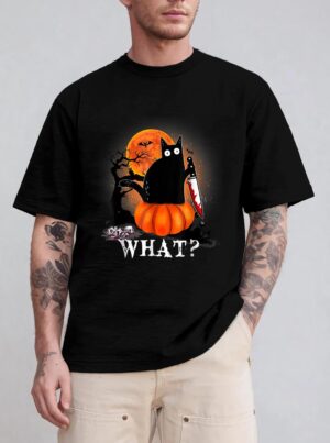 Killer Halloween Scary Moon Black Cat With Knife Pumpkin T-Shirt