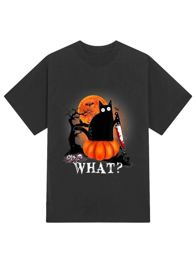 Killer Halloween Scary Moon Black Cat With Knife Pumpkin T-Shirt - Image 2