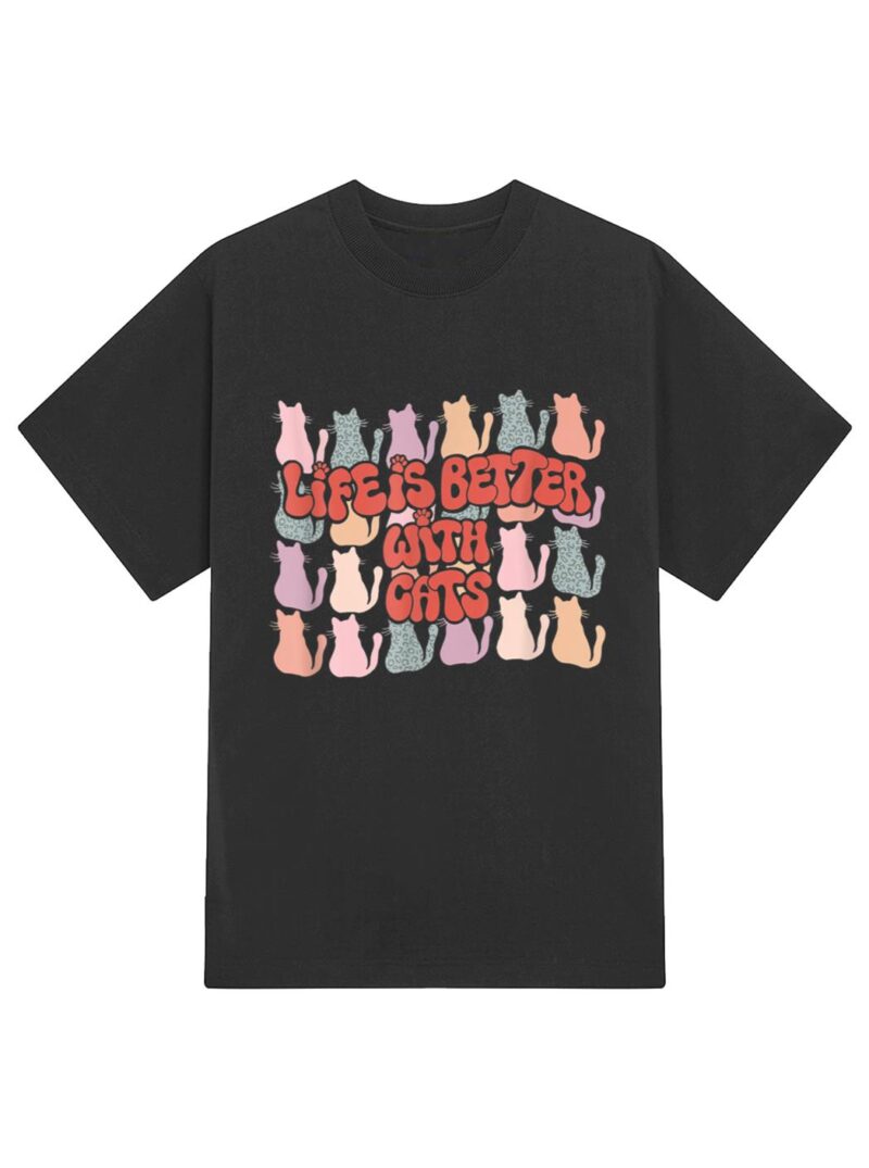 Life Is Better With Cats Retro Cat Mama Dad Groovy Men Women T-Shirt - Image 2