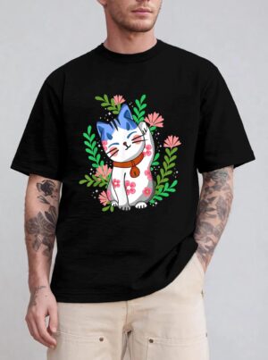 Maneki neko Lucky Japanese Cat Floral Botanical T-Shirt