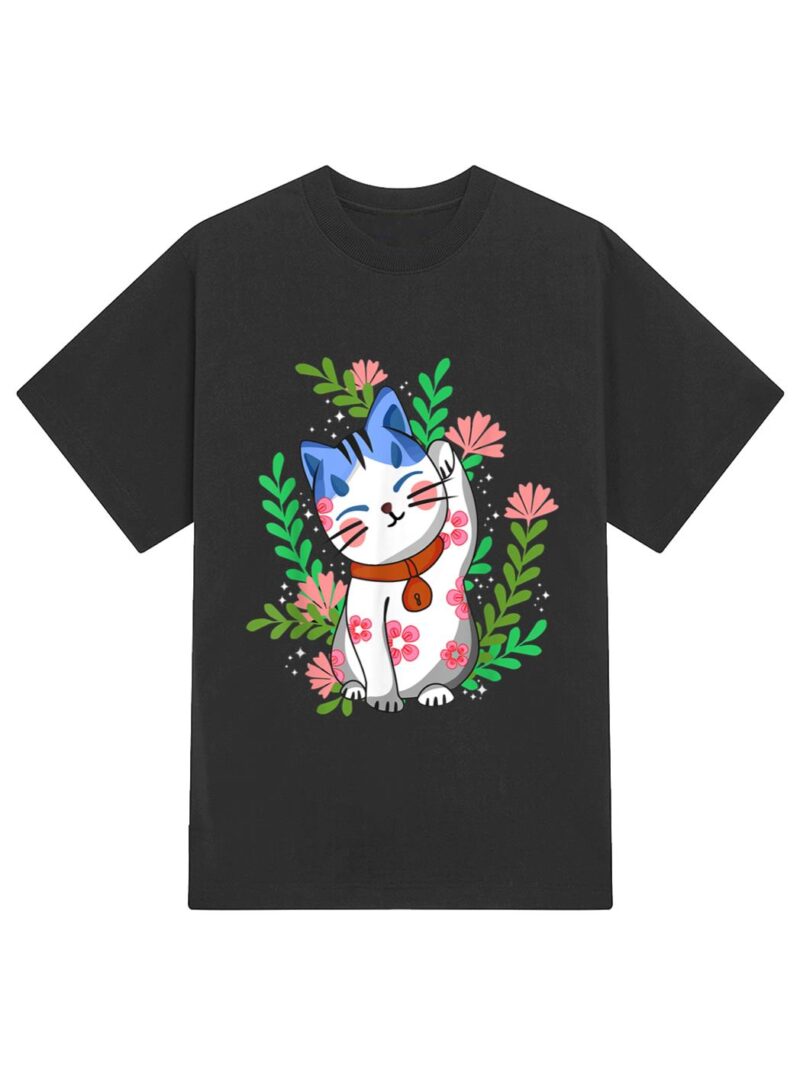 Maneki neko Lucky Japanese Cat Floral Botanical T-Shirt - Image 2