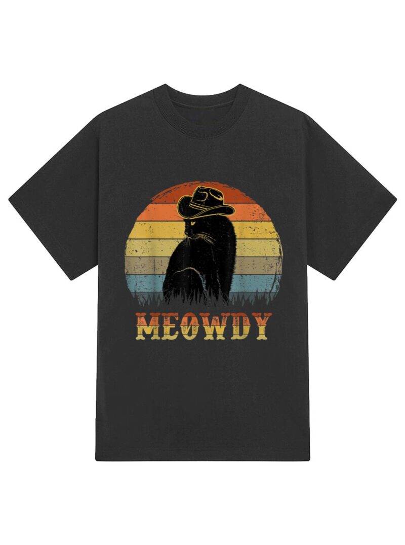 Meowdy Funny Country Music Black Cat Cowboy Hat Vintage T-Shirt - Image 2