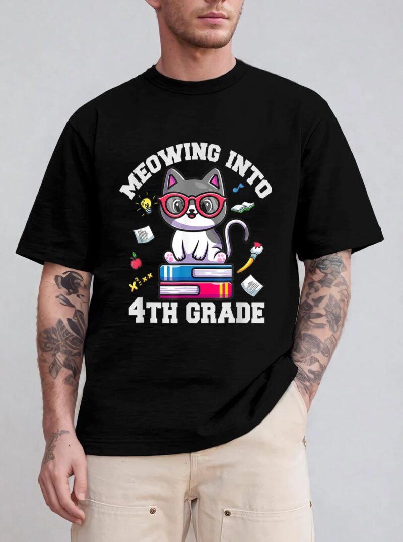 Meowing Into 4H Grade Funny Back O School Cat Lovers T-Shirt