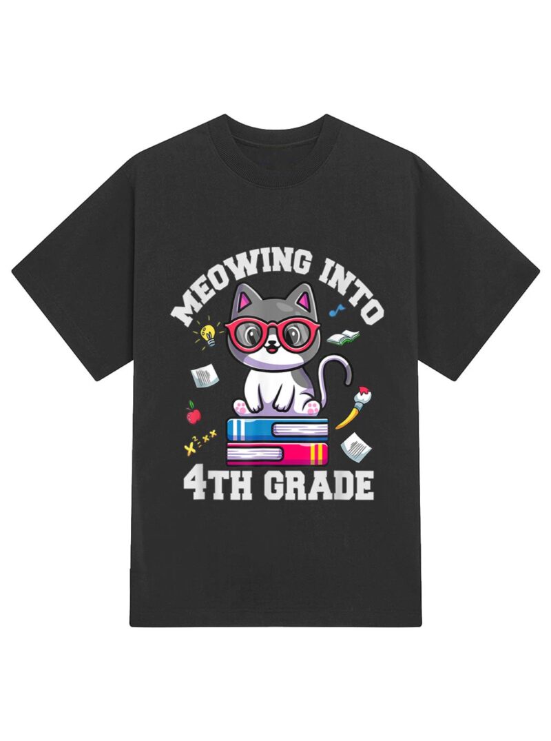 Meowing Into 4H Grade Funny Back O School Cat Lovers T-Shirt - Image 2