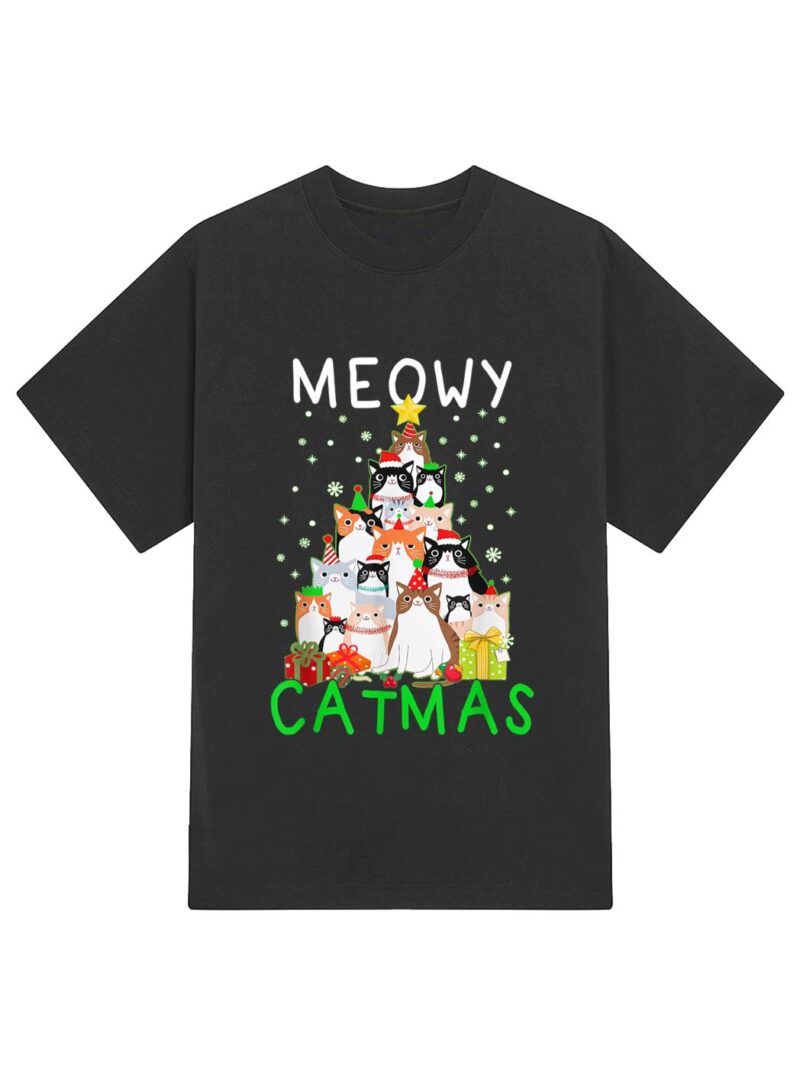Meowy Catmas Cat Christmas Tree Xmas T-Shirt - Image 2