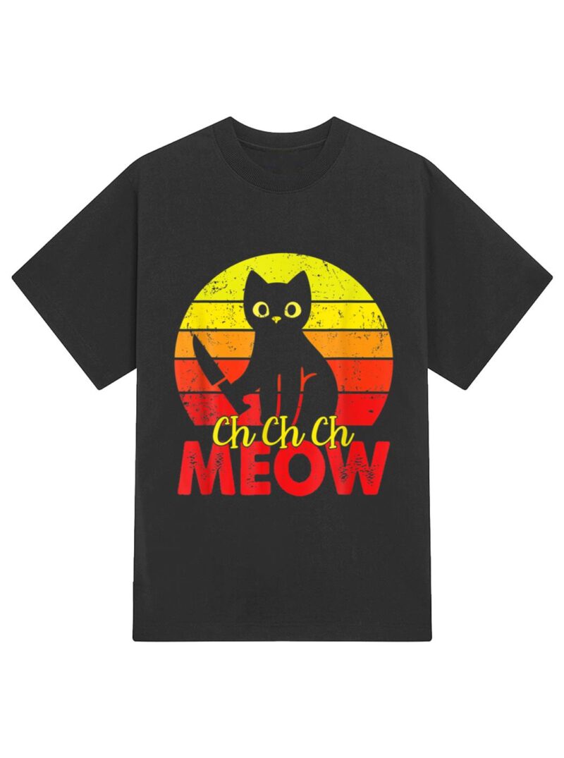 Murderous Black Cat With Knife Funny Halloween Cat Lover T-Shirt - Image 2