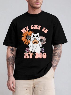 My Cat Is My Boo Floral Groovy Ghost Cat Spooky Halloween T-Shirt