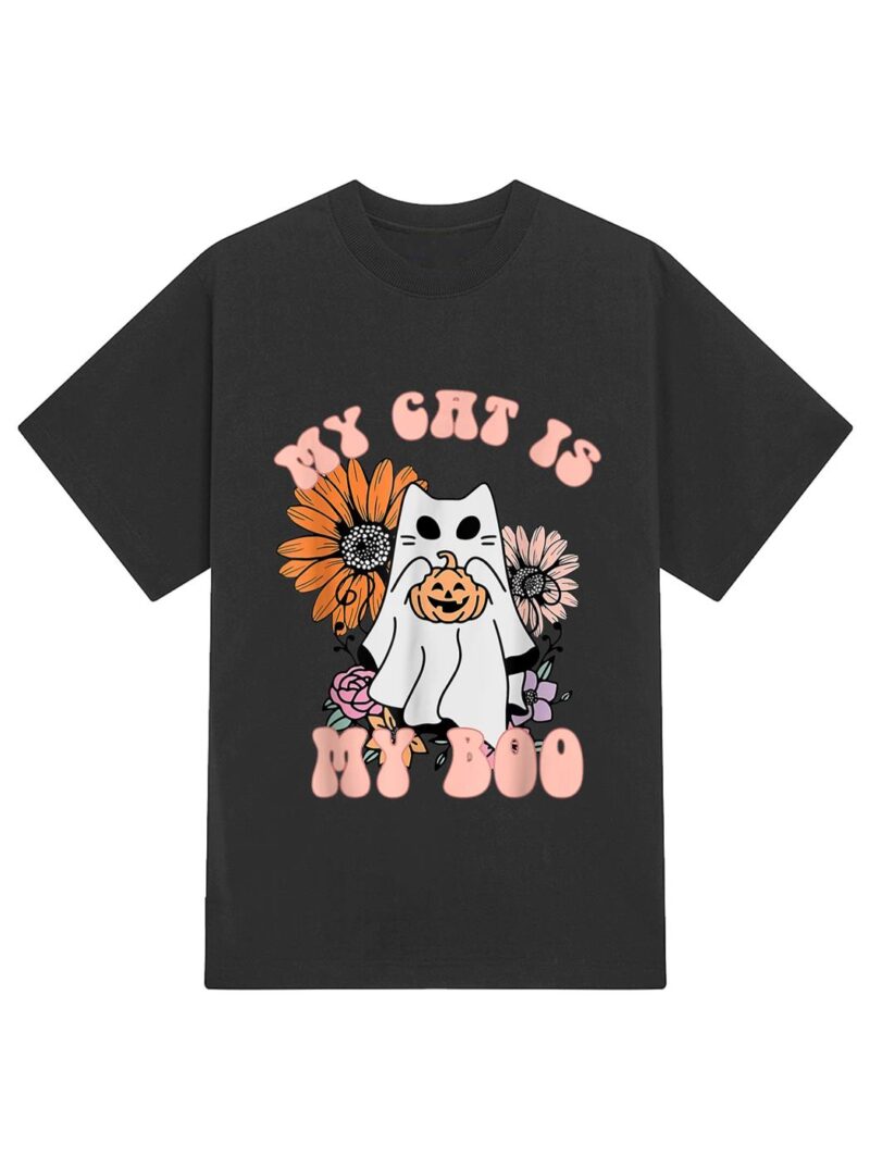 My Cat Is My Boo Floral Groovy Ghost Cat Spooky Halloween T-Shirt - Image 2