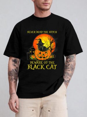 Never Mind A Witch Beware Of He Black Cat Halloween T-Shirt