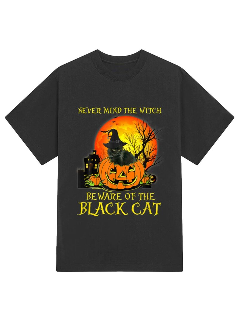 Never Mind A Witch Beware Of He Black Cat Halloween T-Shirt - Image 2