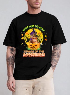 Never Mind He Witch Beware Of Abyssinian Cat Halloween Hat T-Shirt