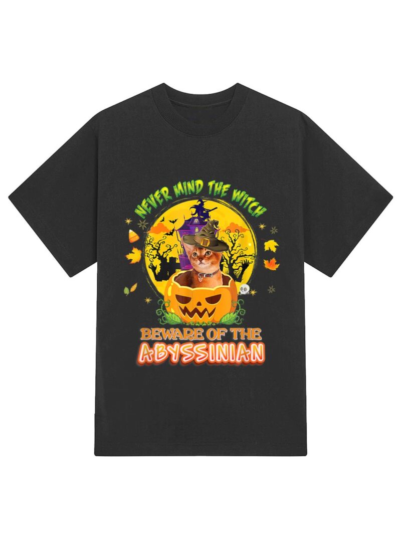 Never Mind He Witch Beware Of Abyssinian Cat Halloween Hat T-Shirt - Image 2