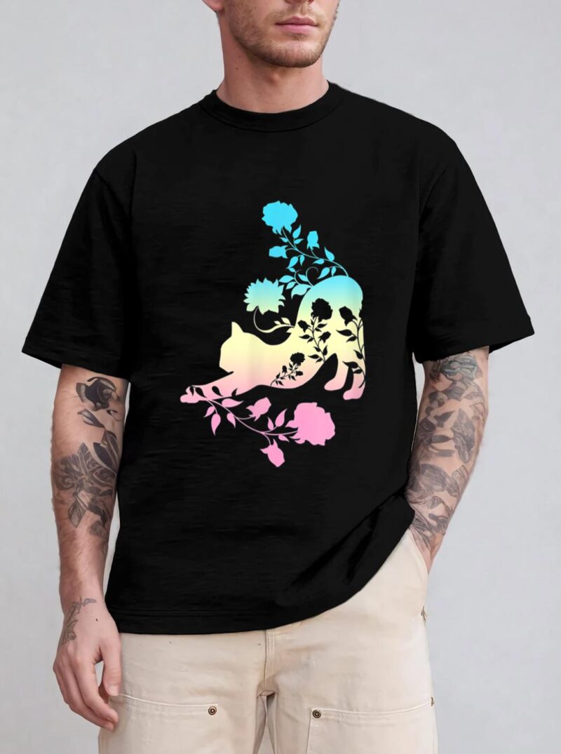 Pastel Stretching Cat With Roses Kitten T-Shirt