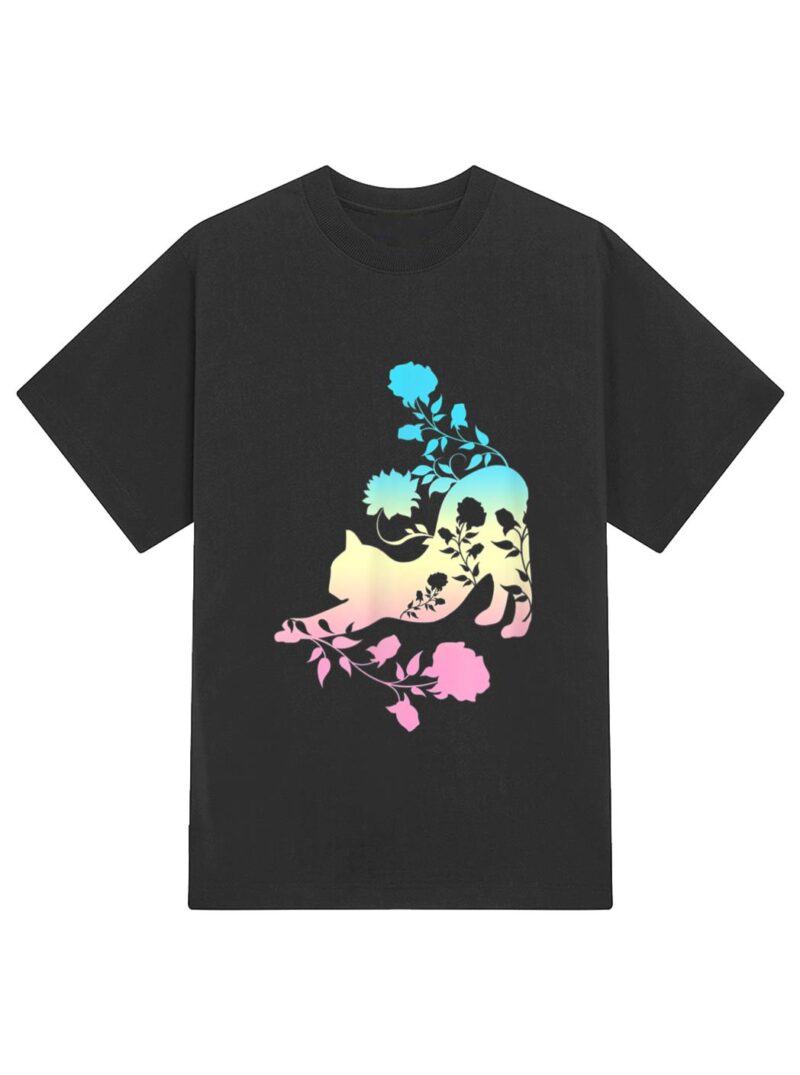 Pastel Stretching Cat With Roses Kitten T-Shirt - Image 2