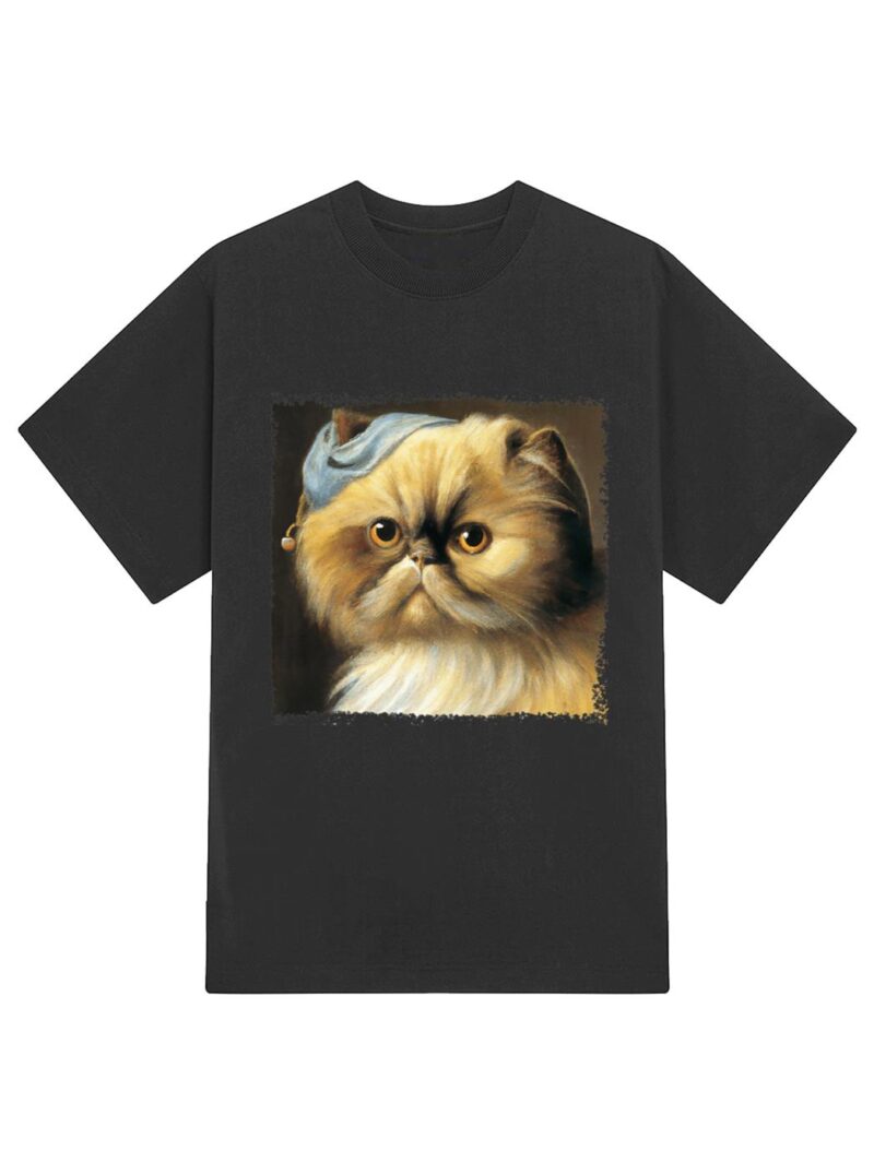 Persian cat with a pear earring, classical art parody feline Premium T-Shirt - Image 2
