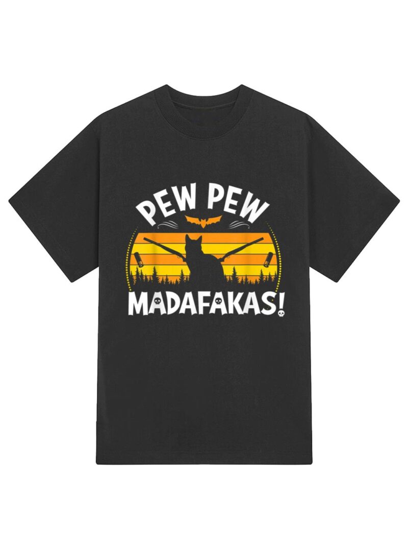 Pew Pew Madafakas scary boo night Halloween black cat T-Shirt - Image 2