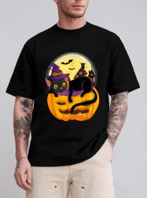 Pumpkin Black Cat Halloween Costume Scary Witch Autumn Fall T-Shirt