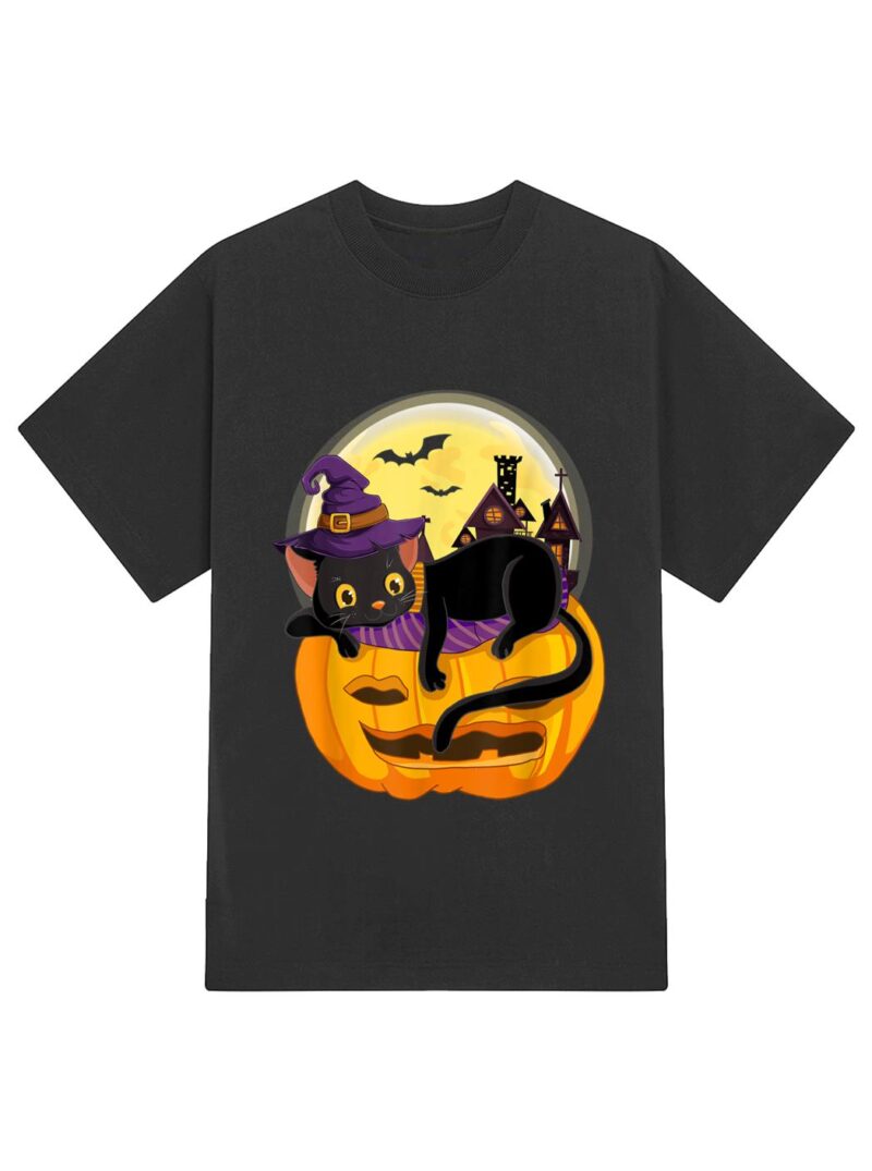 Pumpkin Black Cat Halloween Costume Scary Witch Autumn Fall T-Shirt - Image 2