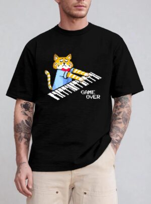 Sad Cat playing keyboard Game Over T-Shirt