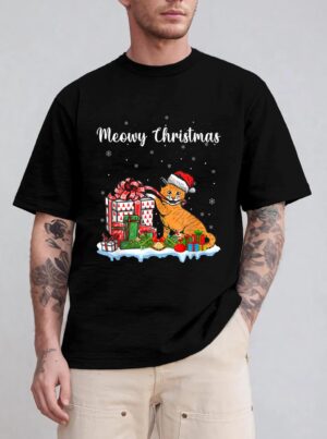 Santa Hat Cat Xmas For Girls Kids Meowy Cat Christmas T-Shirt