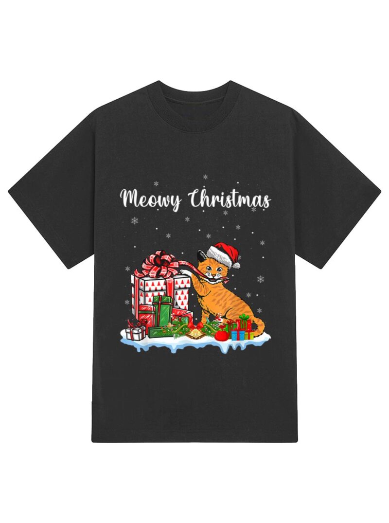 Santa Hat Cat Xmas For Girls Kids Meowy Cat Christmas T-Shirt - Image 2