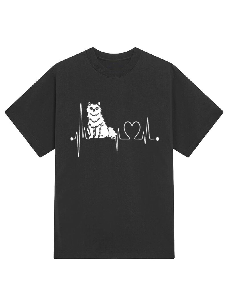 Selkirk Rex Cat Heartbeat EKG Funny Cats Kitten Lovers T-Shirt - Image 2