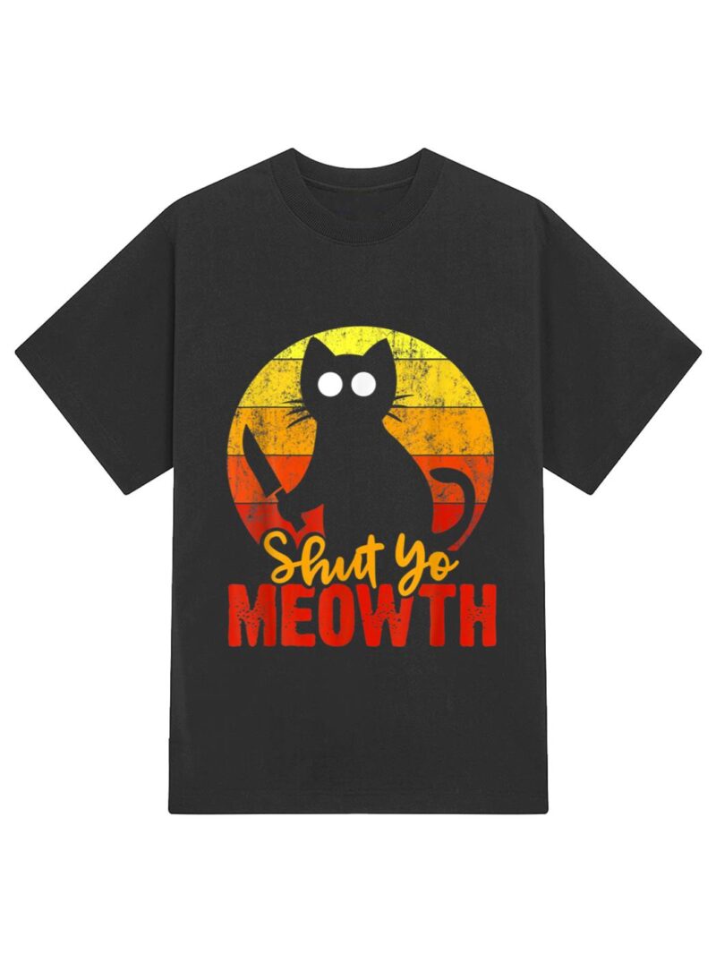 Shut Your Meowth Gory Halloween Cat With Knife Murderous T-Shirt - Image 2