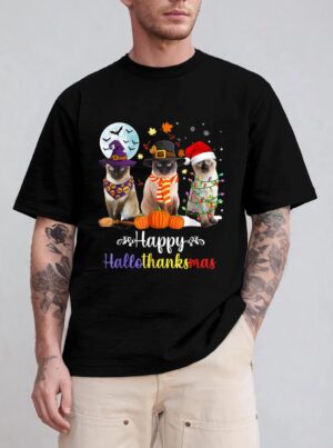 Siamese Cat Halloween Merry Christmas Happy Hallothanksmas T-Shirt