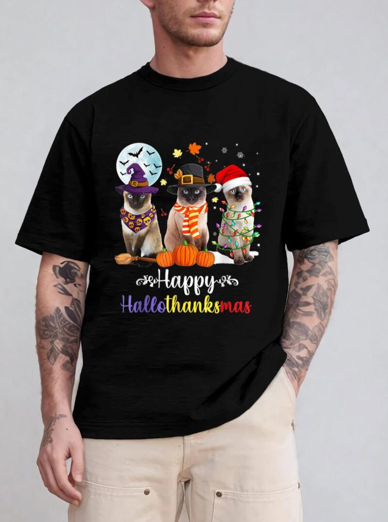 Siamese Cat Halloween Merry Christmas Happy Hallothanksmas T-Shirt