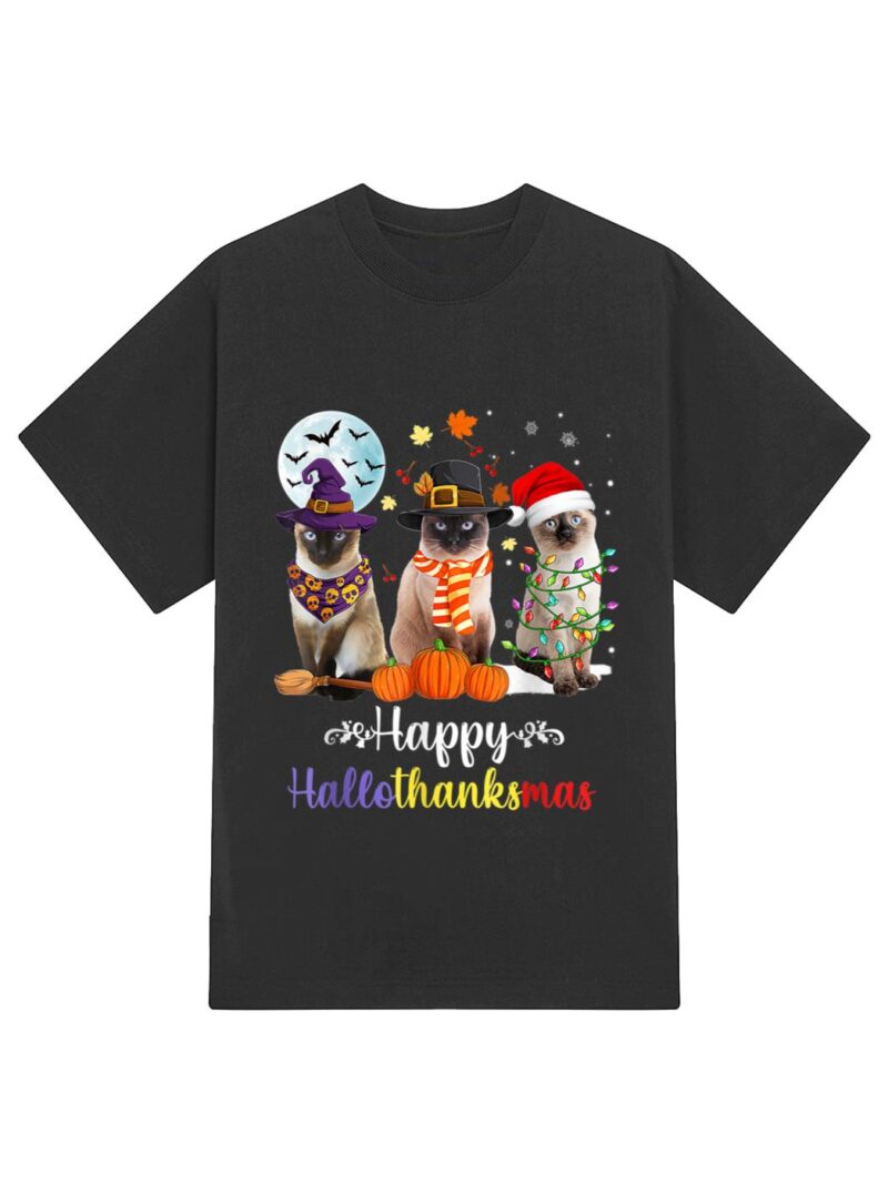 Siamese Cat Halloween Merry Christmas Happy Hallothanksmas T-Shirt - Image 2