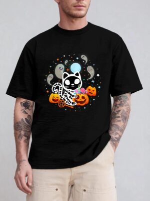 Skeleton Cat Halloween Shirt Kids Spooky Black Cat Halloween T-Shirt