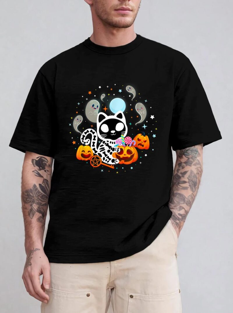Skeleton Cat Halloween Shirt Kids Spooky Black Cat Halloween T-Shirt