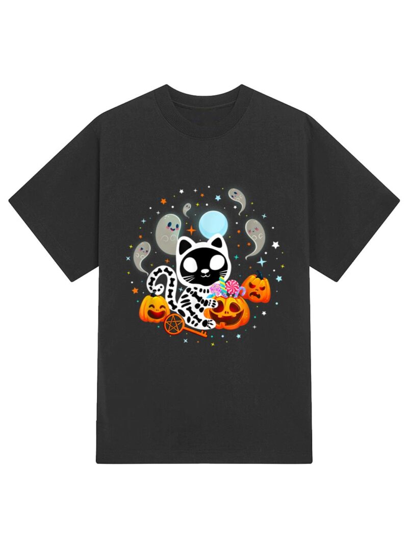 Skeleton Cat Halloween Shirt Kids Spooky Black Cat Halloween T-Shirt - Image 2