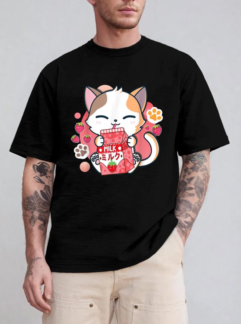 Strawberry Milk Cat Cute Kawaii Kitten Anime Gift Teen Girls T-Shirt