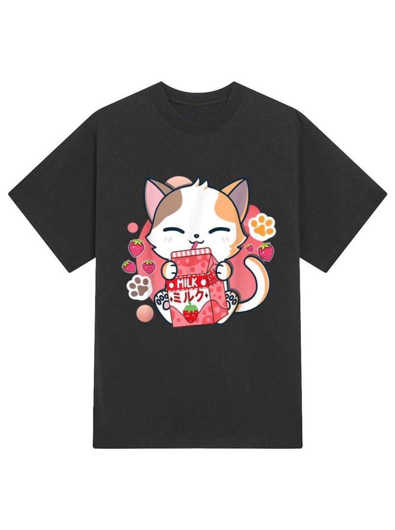 Strawberry Milk Cat Cute Kawaii Kitten Anime Gift Teen Girls T-Shirt - Image 2