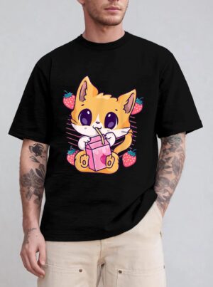 Strawberry Milk Cat Cute Kawaii Kitten Anime Neko Shake T-Shirt