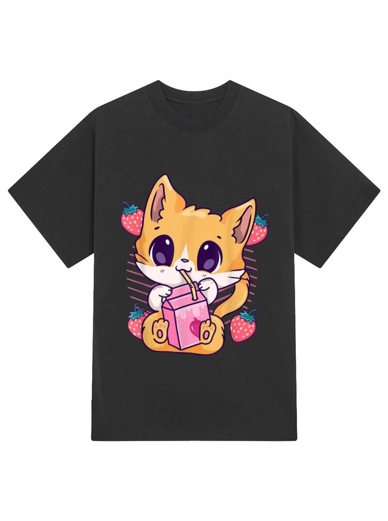 Strawberry Milk Cat Cute Kawaii Kitten Anime Neko Shake T-Shirt - Image 2