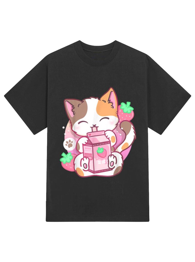 Strawberry Shake Strawberry Milk Cat Kawaii Neko Anime Girls T-Shirt - Image 2