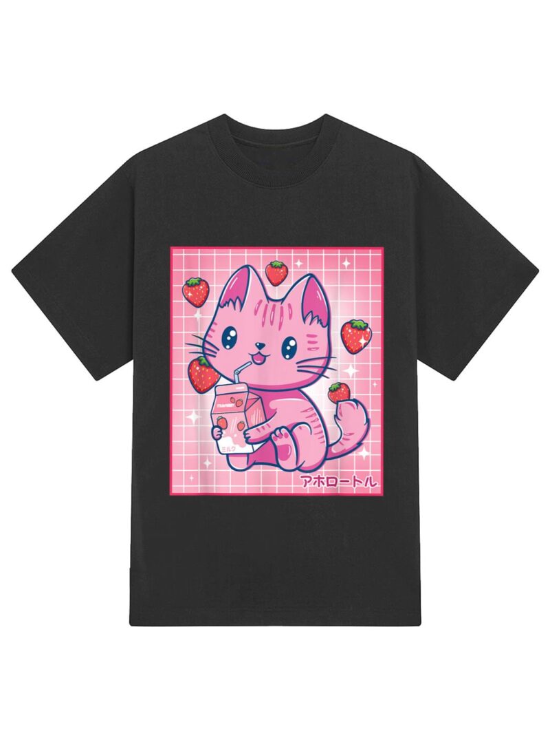 Strawberry Shake Strawberry Milk Cat Kawaii Neko Girls Anime T-Shirt - Image 2