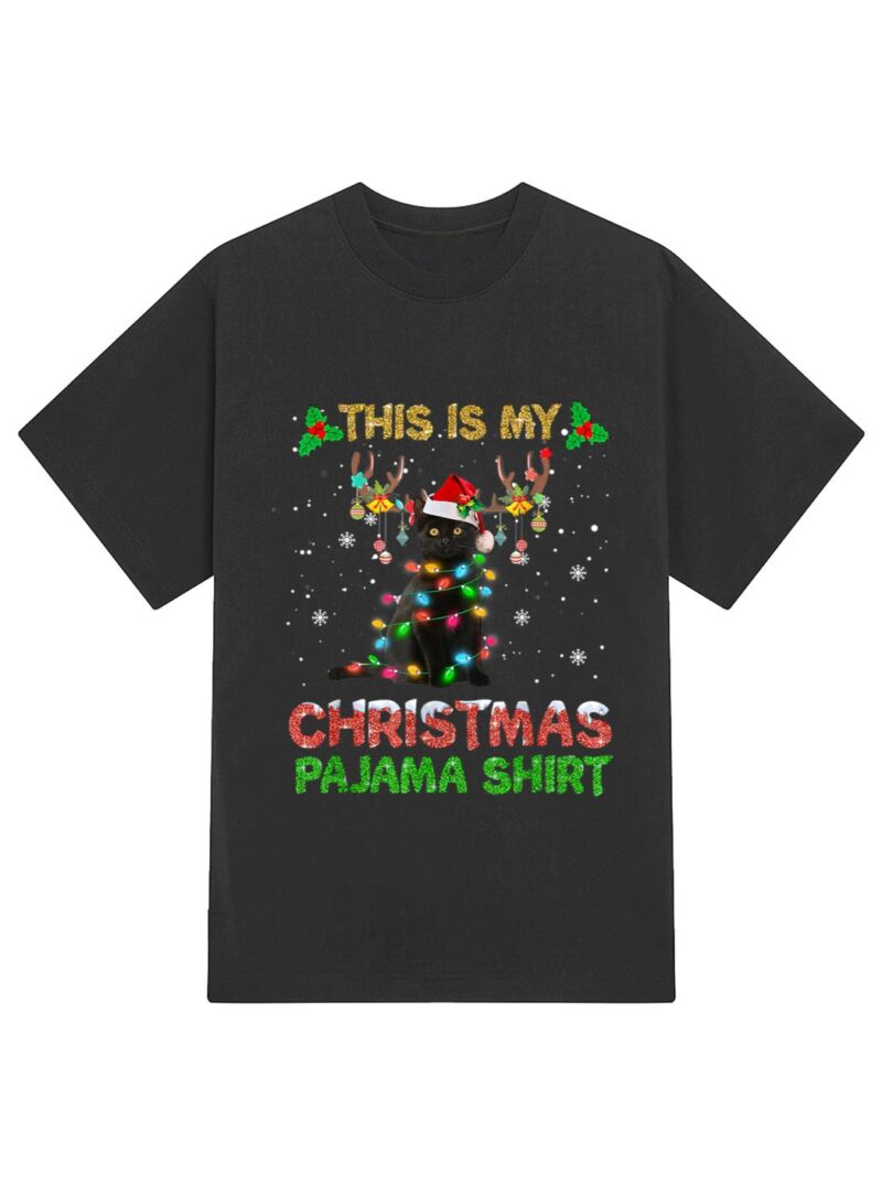 This Is My Christmas Pajama Shirt Black Cat Lover Christmas T-Shirt - Image 2