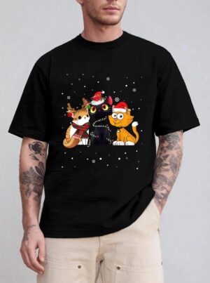 Three Cat Christmas Funny Kitty Santa Hat And Lights Gifts T-Shirt