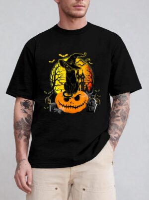 Vintage Black Cat Witch Scary Halloween Costume Kids Boys T-Shirt